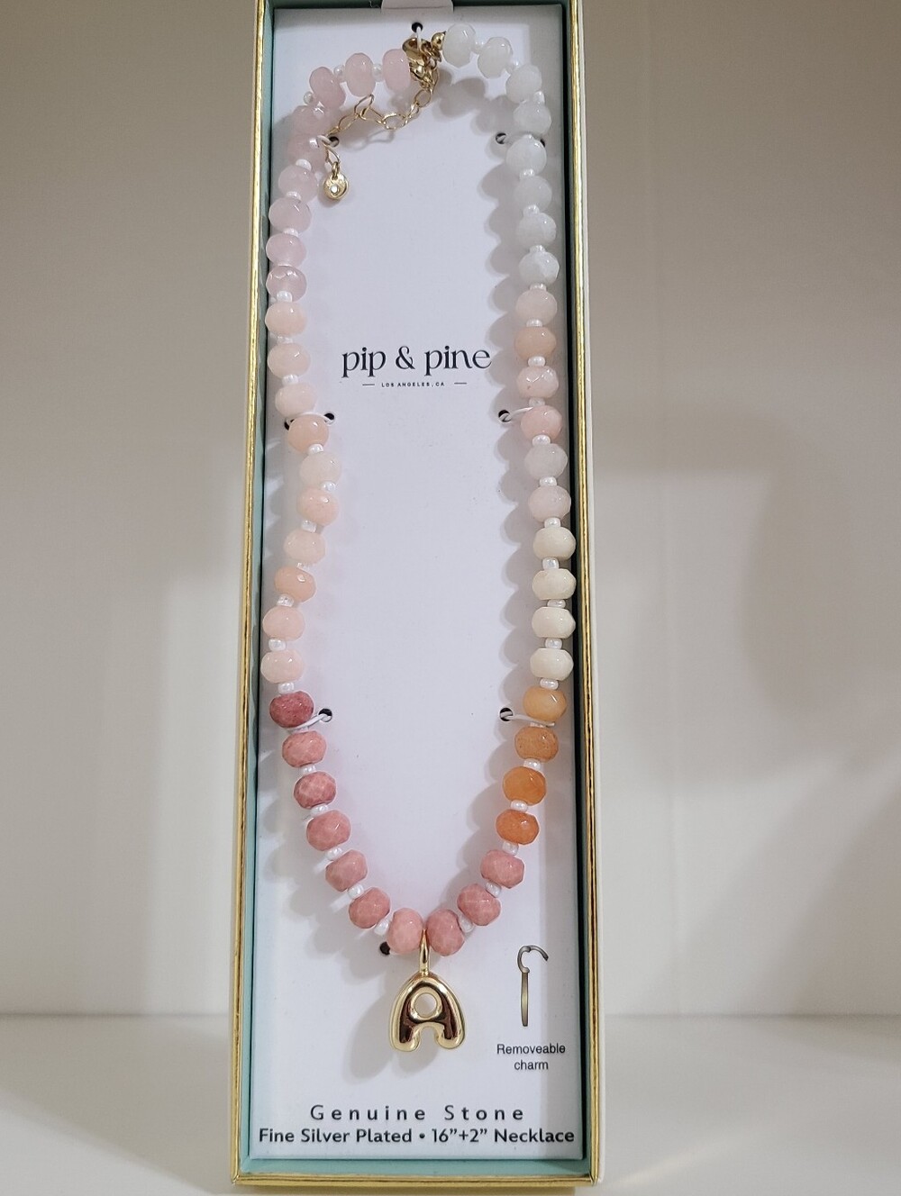 Pip & Pine Pink Multi-Stone Necklace Silver Plated Letter A Removable Gold Charm
